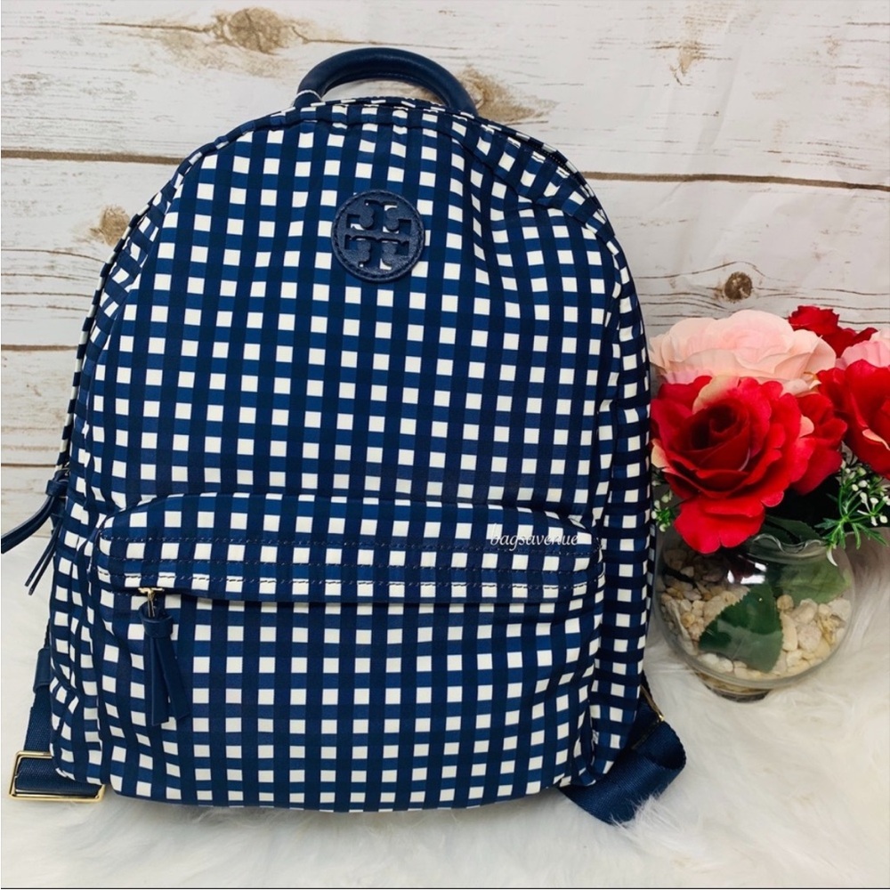 Tory Burch Navy and White Checkered Backpack